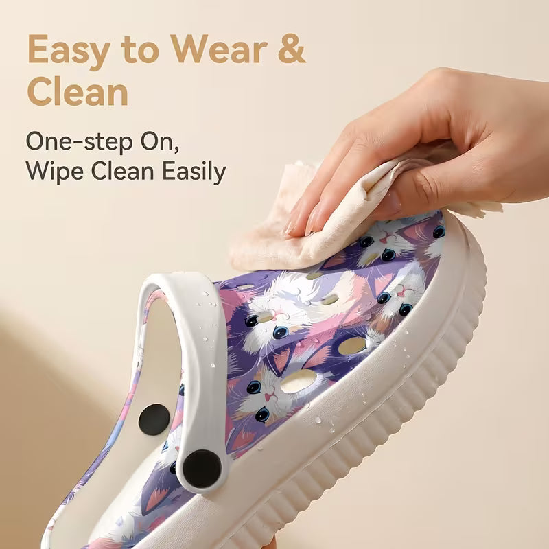 Women's Fashionable EVA Clogs with Sweet and Cute Cat Print, Comfortable, Durable