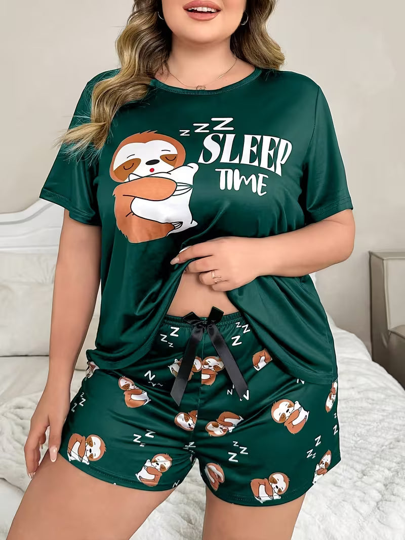Pajama Set Green Sloth Shorts Short Sleeve Top Home wear  Spring And Summer