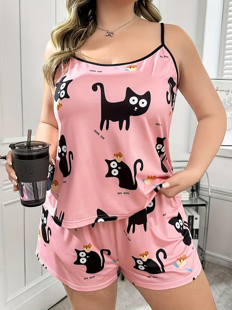 Cartoon Cat Print Camisole Sleepwear Set, Spring/Summer Pink