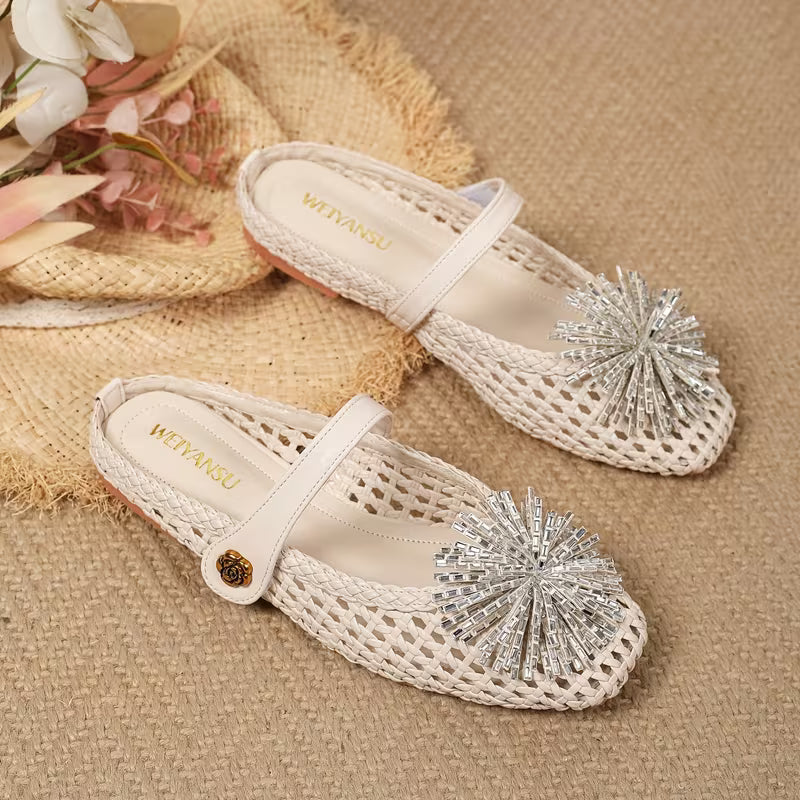 Women Hollow Woven Backless Mule Flats Square Toe Sunburst Rhinestone Loafers