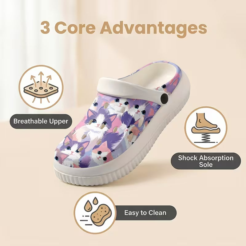 Women's Fashionable EVA Clogs with Sweet and Cute Cat Print, Comfortable, Durable