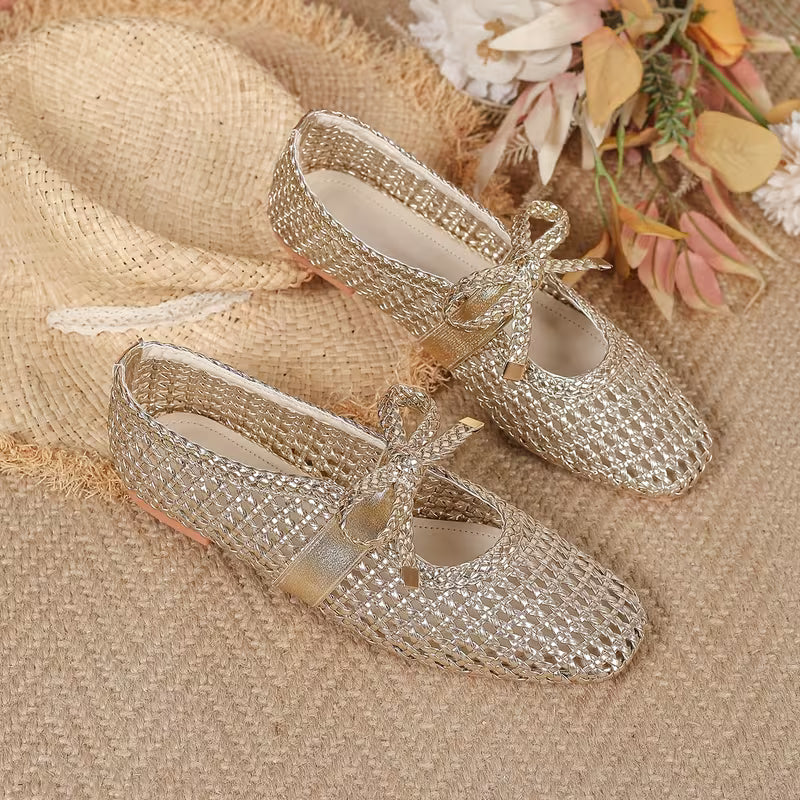 Breathable Mesh Bow Ballet Shoes, Casual Slip on Hollow Out Loafers