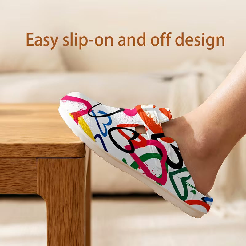 Fresh and Stylish Printed EVA Slip-on Shoes, Summer Rainbow Heart Print Design Slippers