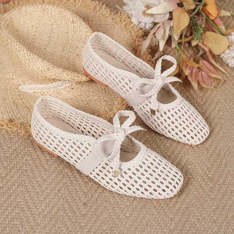 Breathable Mesh Bow Ballet Shoes, Casual Slip on Hollow Out Loafers