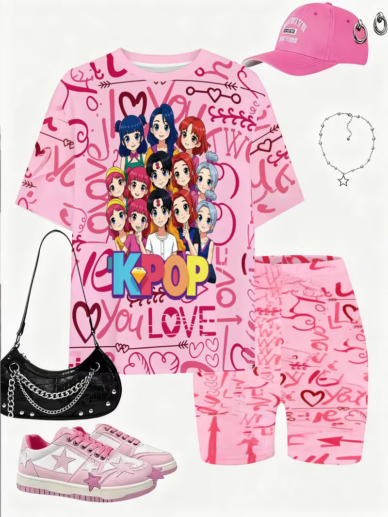 Girls' T-shirt and Shorts Set Features a Cartoon-patterned Short-sleeve Top