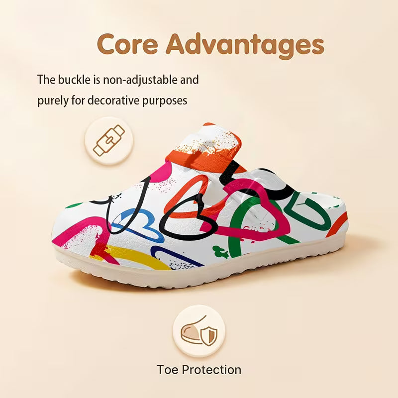 Fresh and Stylish Printed EVA Slip-on Shoes, Summer Rainbow Heart Print Design Slippers