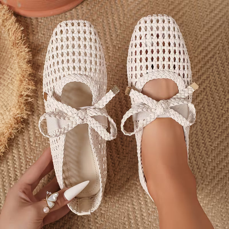 Breathable Mesh Bow Ballet Shoes, Casual Slip on Hollow Out Loafers