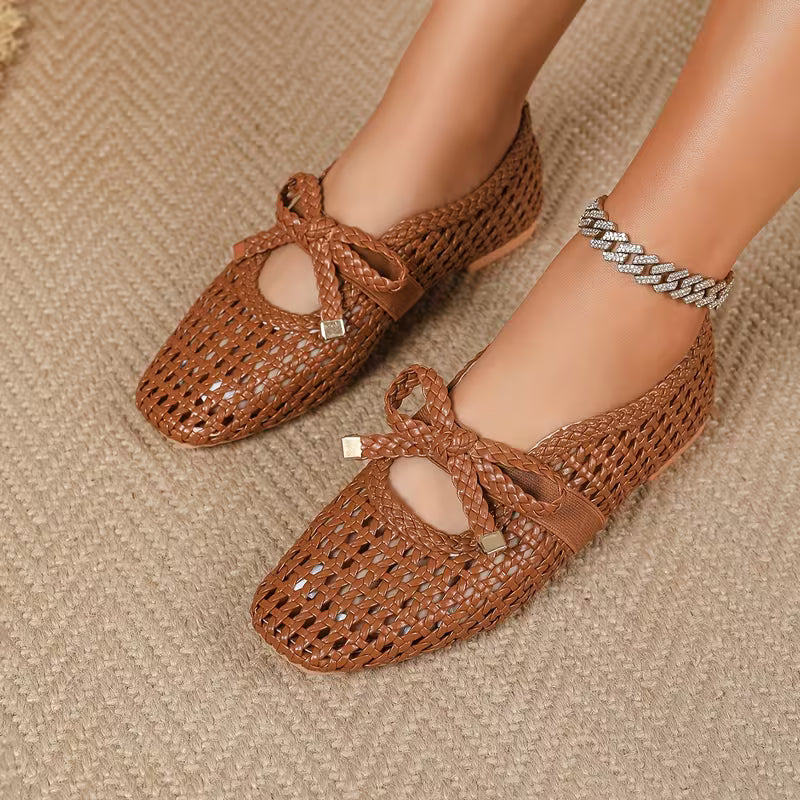 Breathable Mesh Bow Ballet Shoes, Casual Slip on Hollow Out Loafers