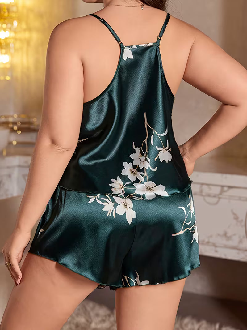 Women's Elegant Floral Print Lace Panel V-Neck Camisole And Shorts Pajama Set