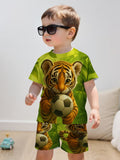 2pcs Set 3D Print Jungle Tiger Football Design Short Sleeve Pullover Shirt