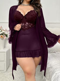 Women's Purple Lace Camisole Two-Piece Set Maroon