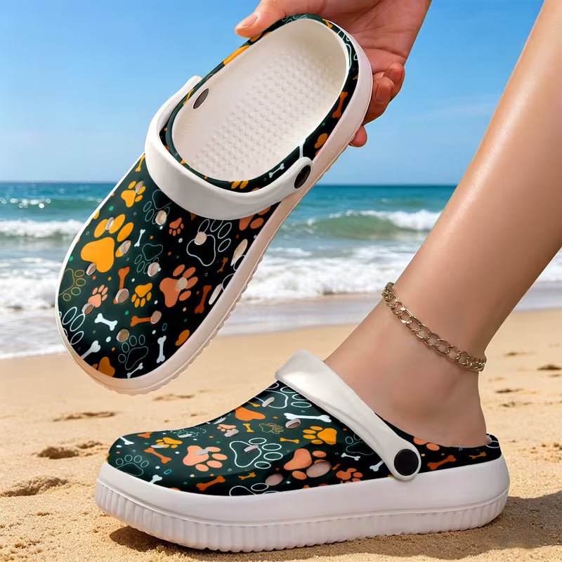 New EVA Thick-Soled Garden Shoes, Playful Cartoon Dog Paw Print Pattern