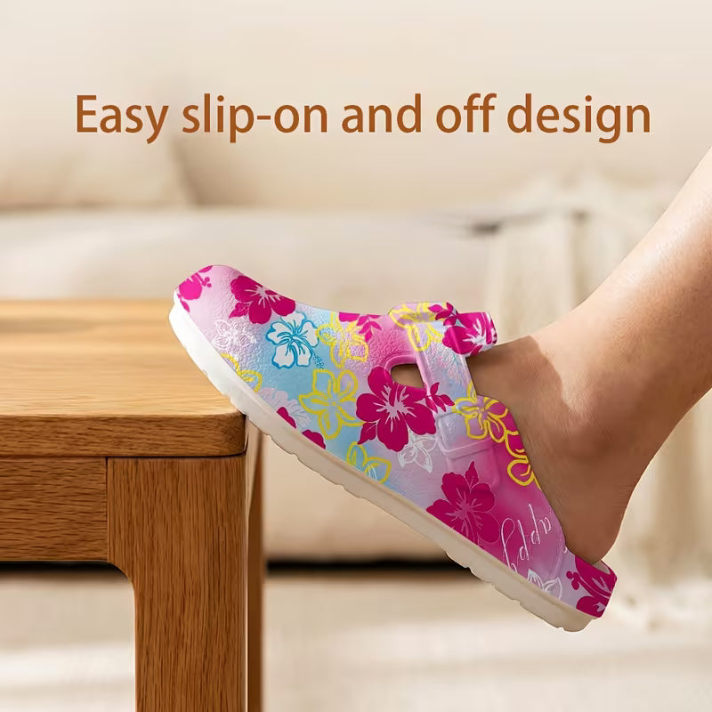 Women' Tropical Hibiscus Flower Clogs - Pink-Blue Gradient EVA Slippers
