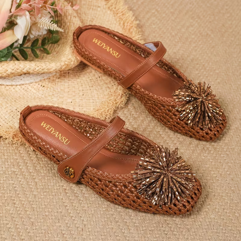 Women Hollow Woven Backless Mule Flats Square Toe Sunburst Rhinestone Loafers