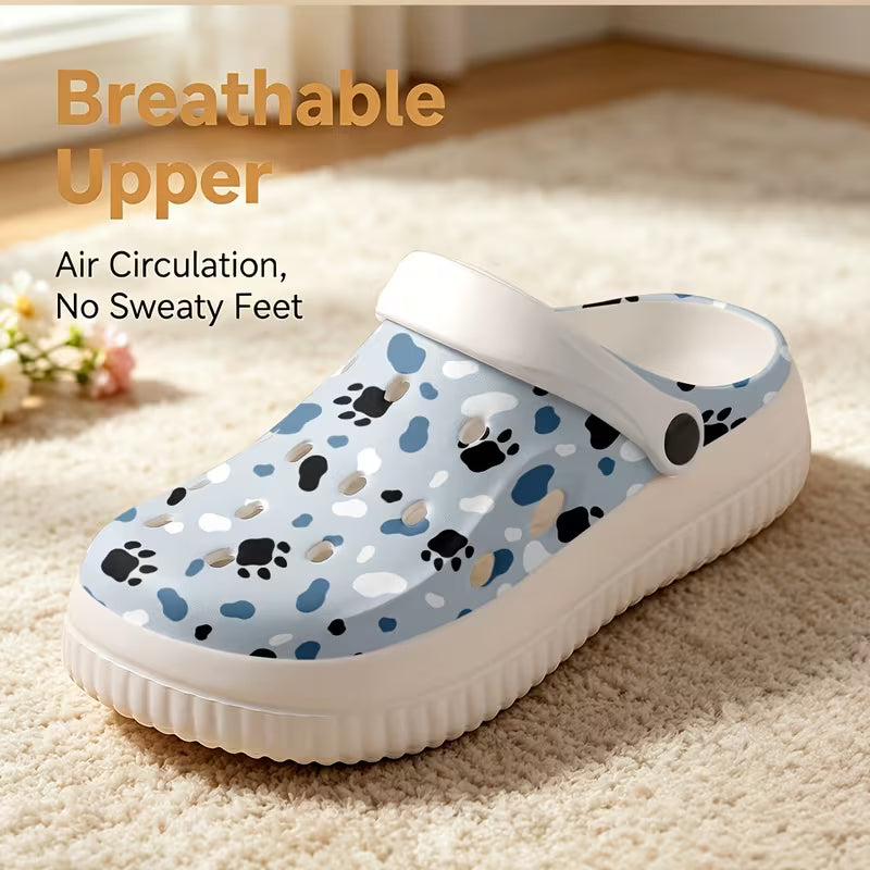 New Comfortable Women's EVA Garden Shoes with Gray-Toned Paw Print Graffiti Pattern