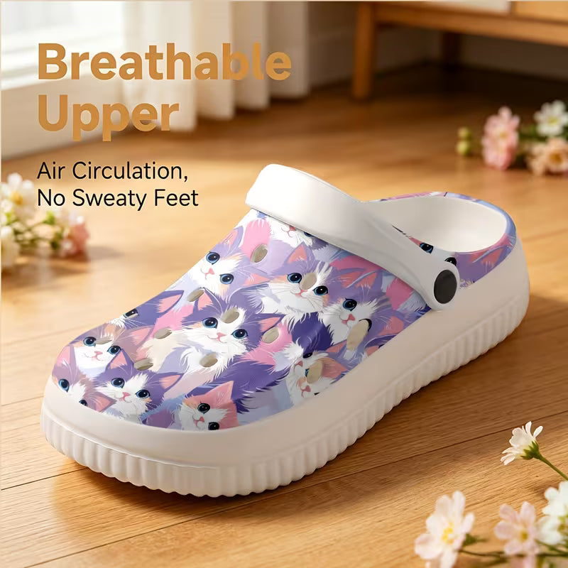 Women's Fashionable EVA Clogs with Sweet and Cute Cat Print, Comfortable, Durable