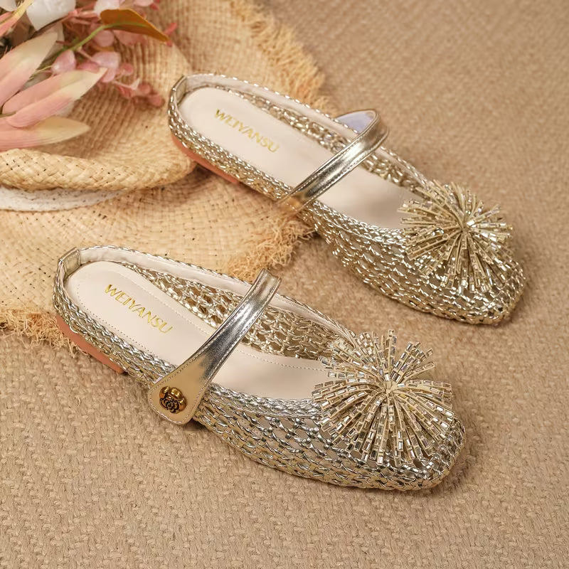 Women Hollow Woven Backless Mule Flats Square Toe Sunburst Rhinestone Loafers