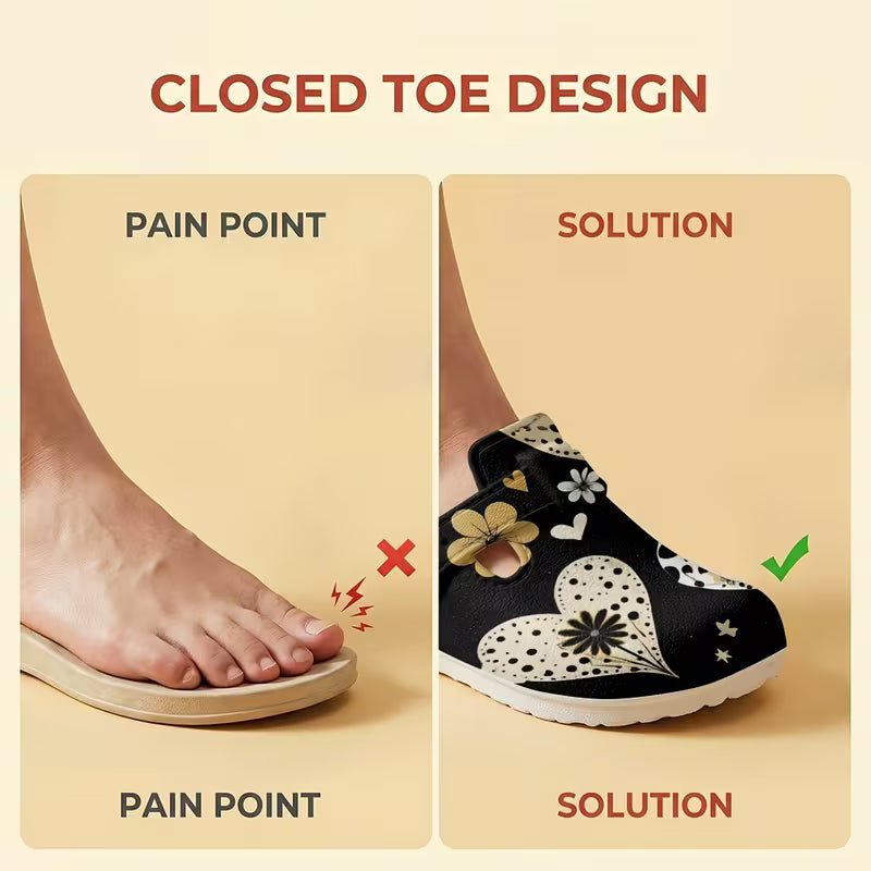 Bohemian Style Heart Print Mule Shoes, Comfortable And Versatile Clog Shoes