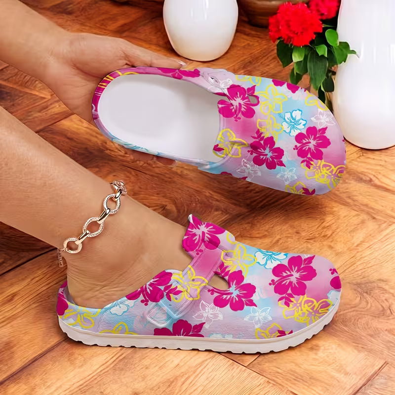 Women' Tropical Hibiscus Flower Clogs - Pink-Blue Gradient EVA Slippers