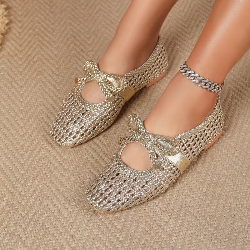 Breathable Mesh Bow Ballet Shoes, Casual Slip on Hollow Out Loafers