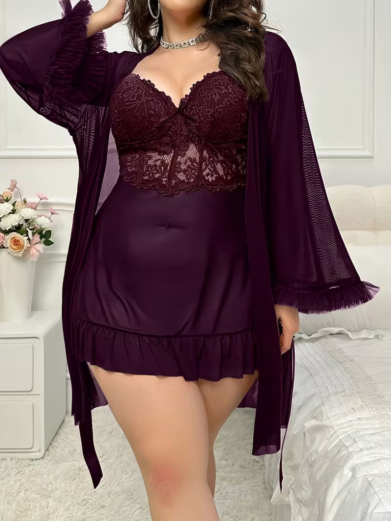 Women's Purple Lace Camisole Two-Piece Set Maroon