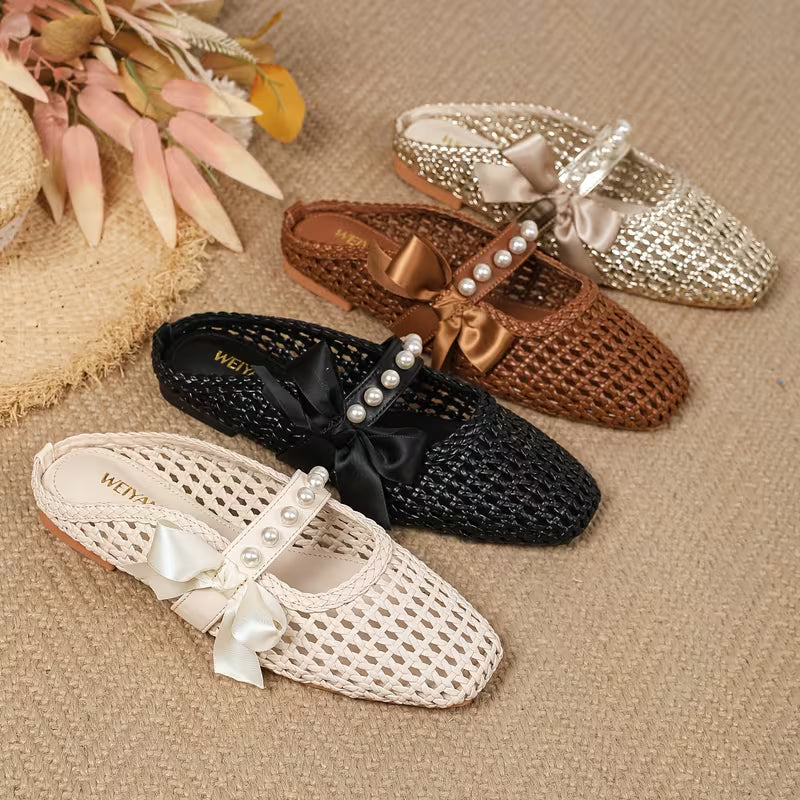 French-Style Vintage T-Strap Woven Mules for Women