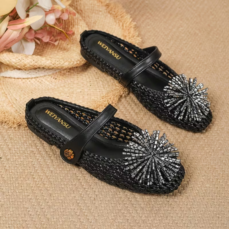 Women Hollow Woven Backless Mule Flats Square Toe Sunburst Rhinestone Loafers