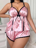 Women'S All-Season Lace Patchwork Elegant Heart Floral Print Diamond Multi-Tier Bow V-Neck Lace Shoulder Strap Camisole Top And Shorts