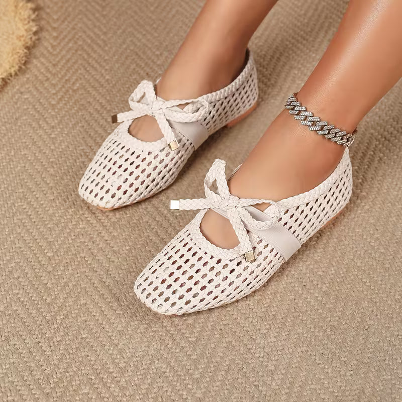 Breathable Mesh Bow Ballet Shoes, Casual Slip on Hollow Out Loafers
