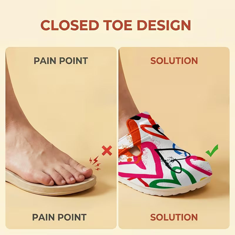 Fresh and Stylish Printed EVA Slip-on Shoes, Summer Rainbow Heart Print Design Slippers