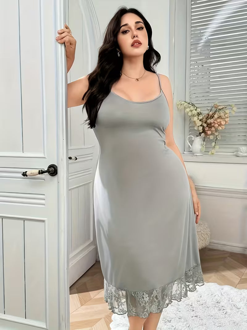 Women's Solid Color Elegant Soft Comfortable Lace Trimmed Hollow Backless Spaghetti Strap Nightgown Home Dress