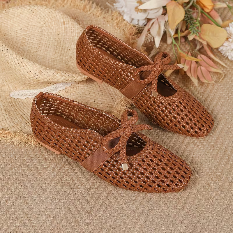 Breathable Mesh Bow Ballet Shoes, Casual Slip on Hollow Out Loafers