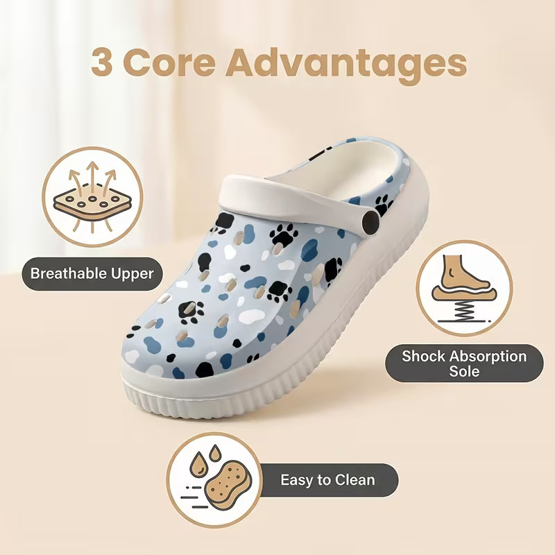 New Comfortable Women's EVA Garden Shoes with Gray-Toned Paw Print Graffiti Pattern