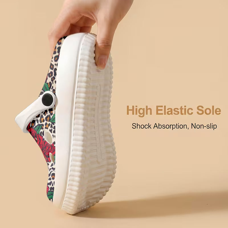 New EVA Thick-Soled Garden Shoes, Cartoon Rose And Leopard Print