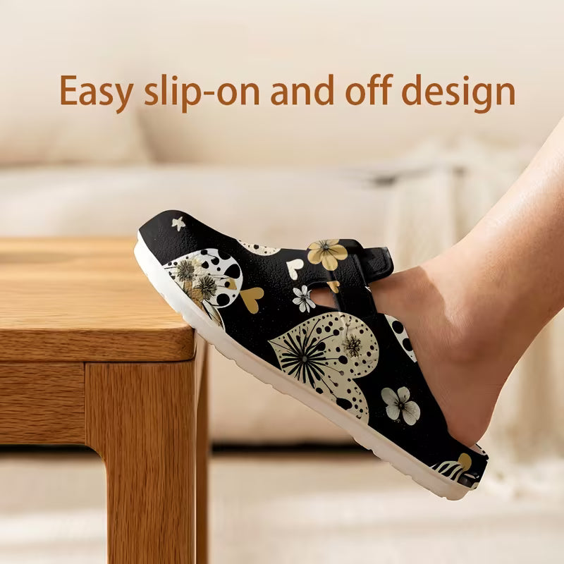 Bohemian Style Heart Print Mule Shoes, Comfortable And Versatile Clog Shoes