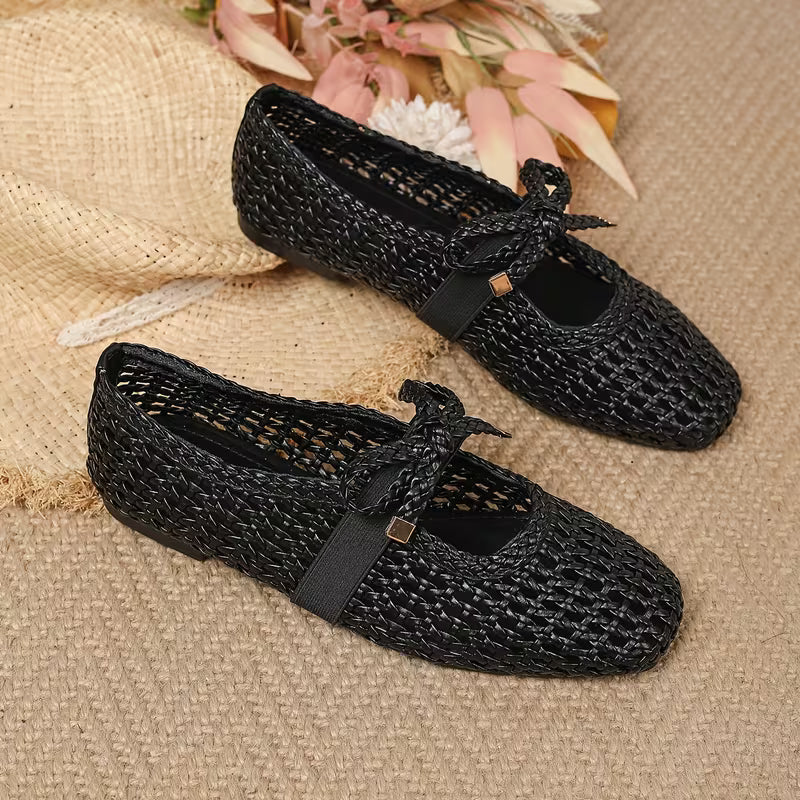 Breathable Mesh Bow Ballet Shoes, Casual Slip on Hollow Out Loafers