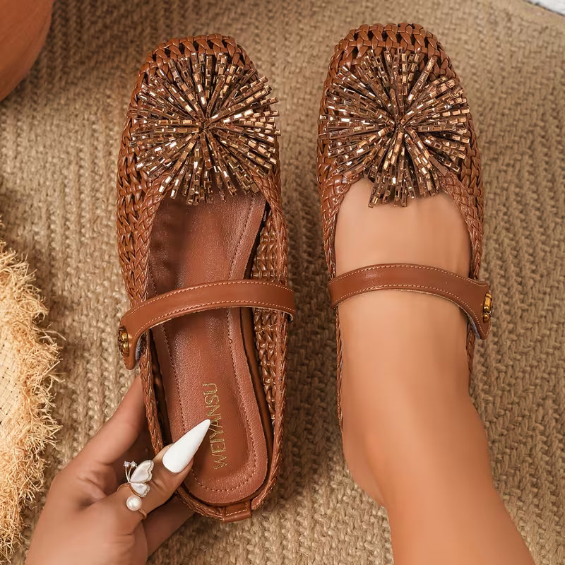 Women Hollow Woven Backless Mule Flats Square Toe Sunburst Rhinestone Loafers