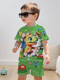 Creative Green Dinosaur Print Short Sleeve T-Shirt and Shorts Set