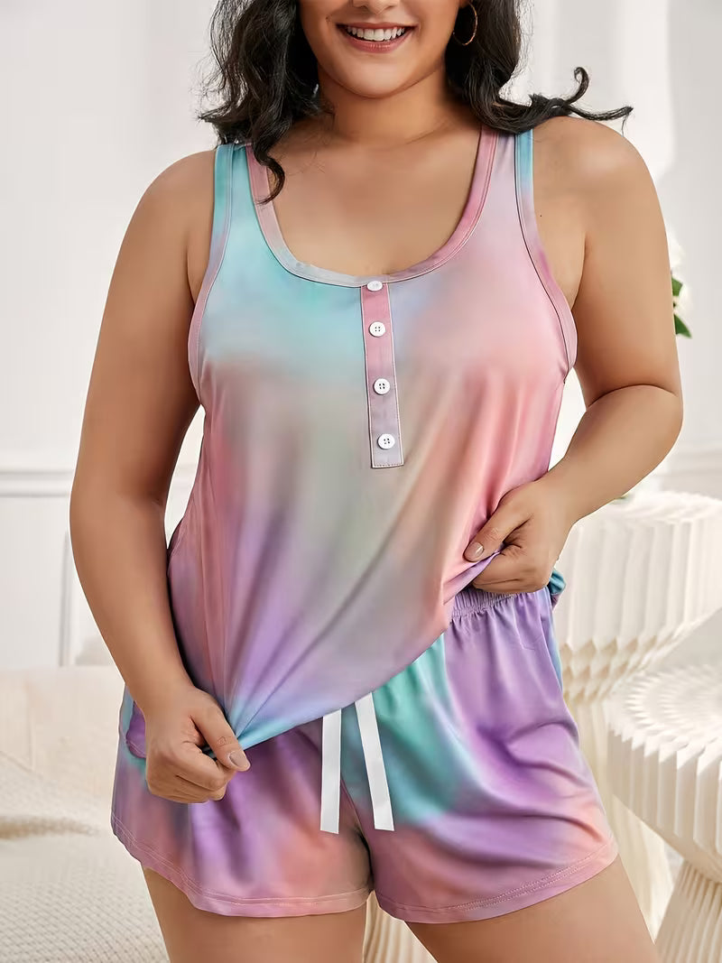 Spring, Summer, Autumn and Winter Women's Sleepwear Half Button Collar Tie Dye Vest Shorts Home Suit