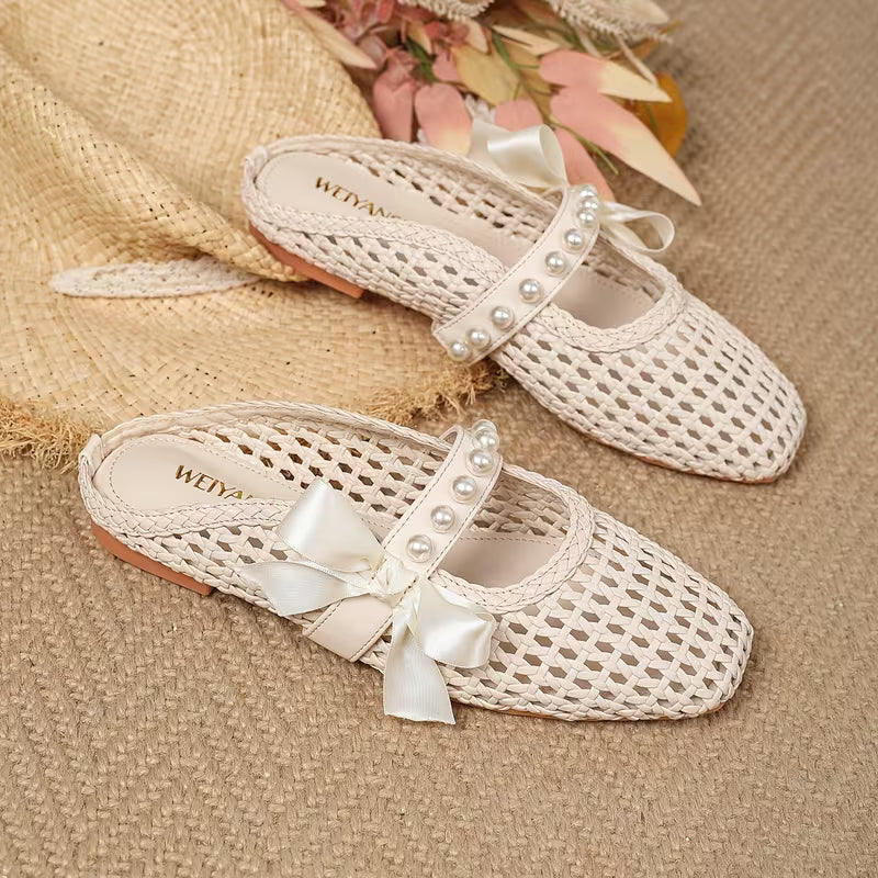 French-Style Vintage T-Strap Woven Mules for Women