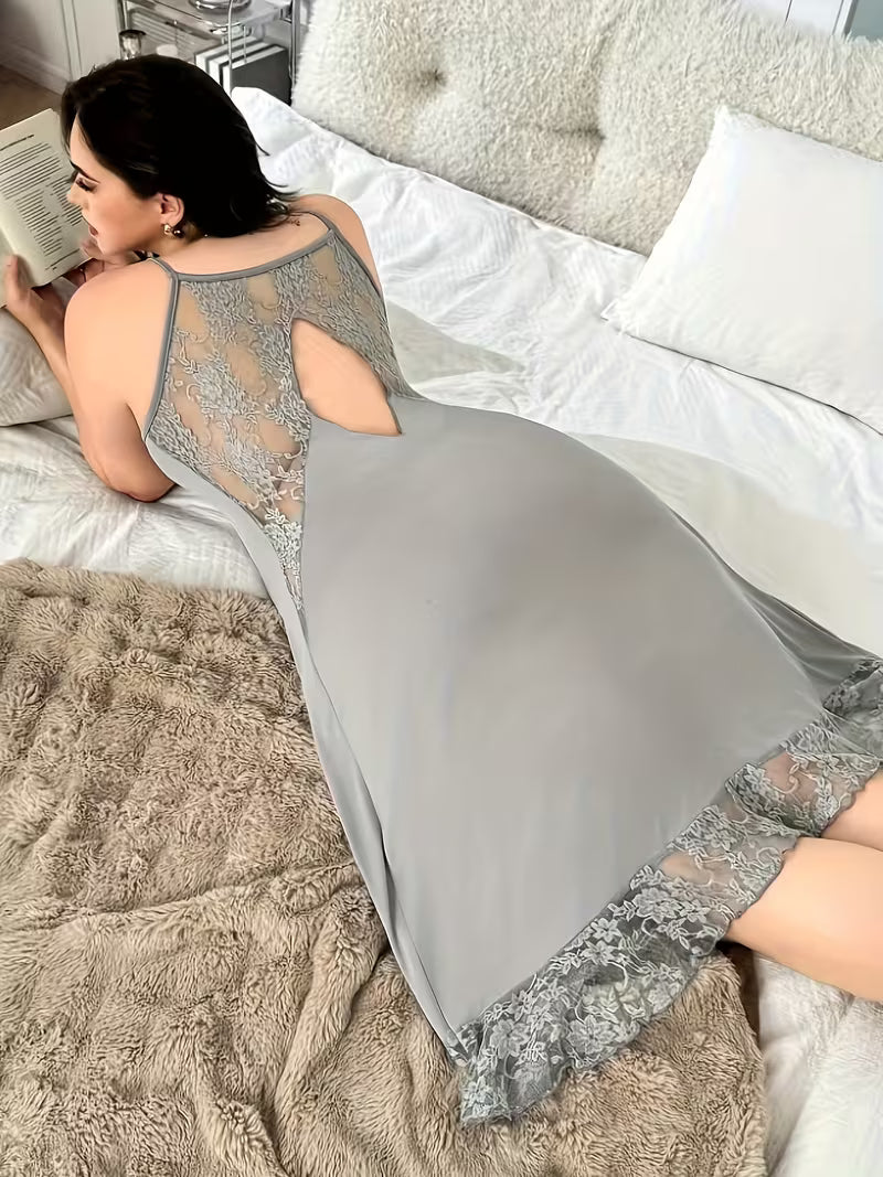Women's Solid Color Elegant Soft Comfortable Lace Trimmed Hollow Backless Spaghetti Strap Nightgown Home Dress