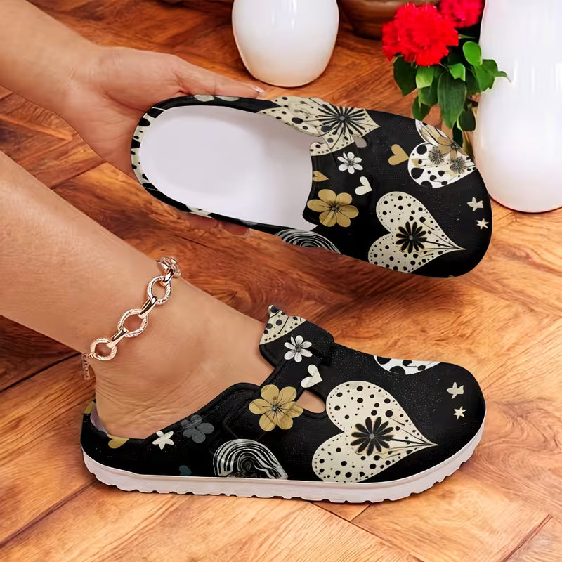 Bohemian Style Heart Print Mule Shoes, Comfortable And Versatile Clog Shoes