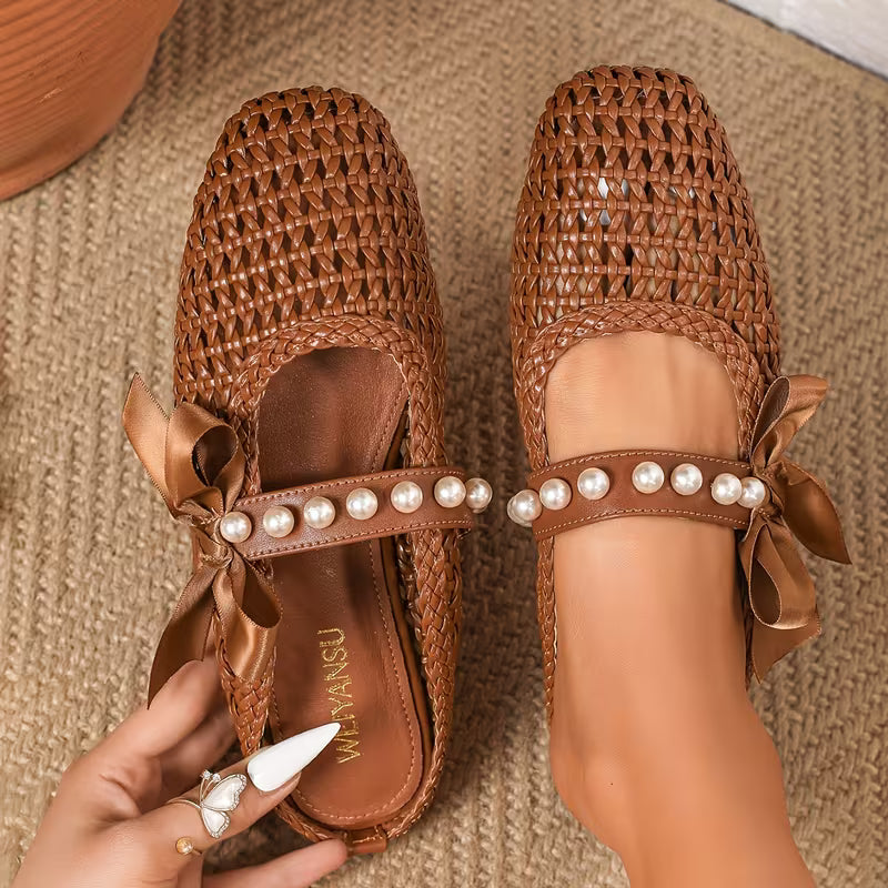 French-Style Vintage T-Strap Woven Mules for Women