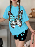 Fashion Blue Butterfly Shorts Set Cute and Stylish Printed Outfit, Perfect for Outdoor