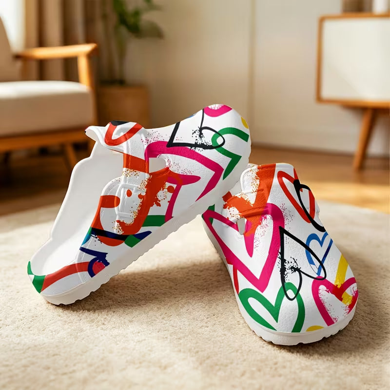 Fresh and Stylish Printed EVA Slip-on Shoes, Summer Rainbow Heart Print Design Slippers