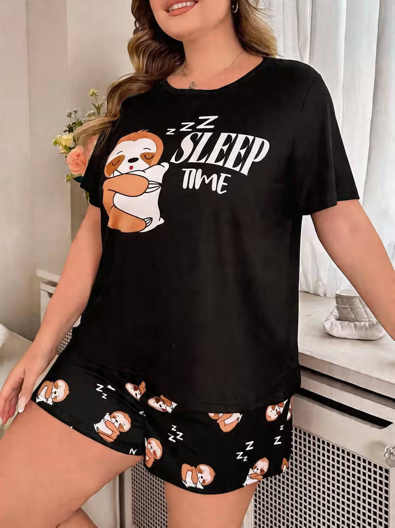 Pajama Set Black Sloth Shorts Short Sleeve Top Home wear  Spring And Summer