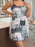 Cute Cartoon Kitten Print, Thin Strap Camisole Nightgown