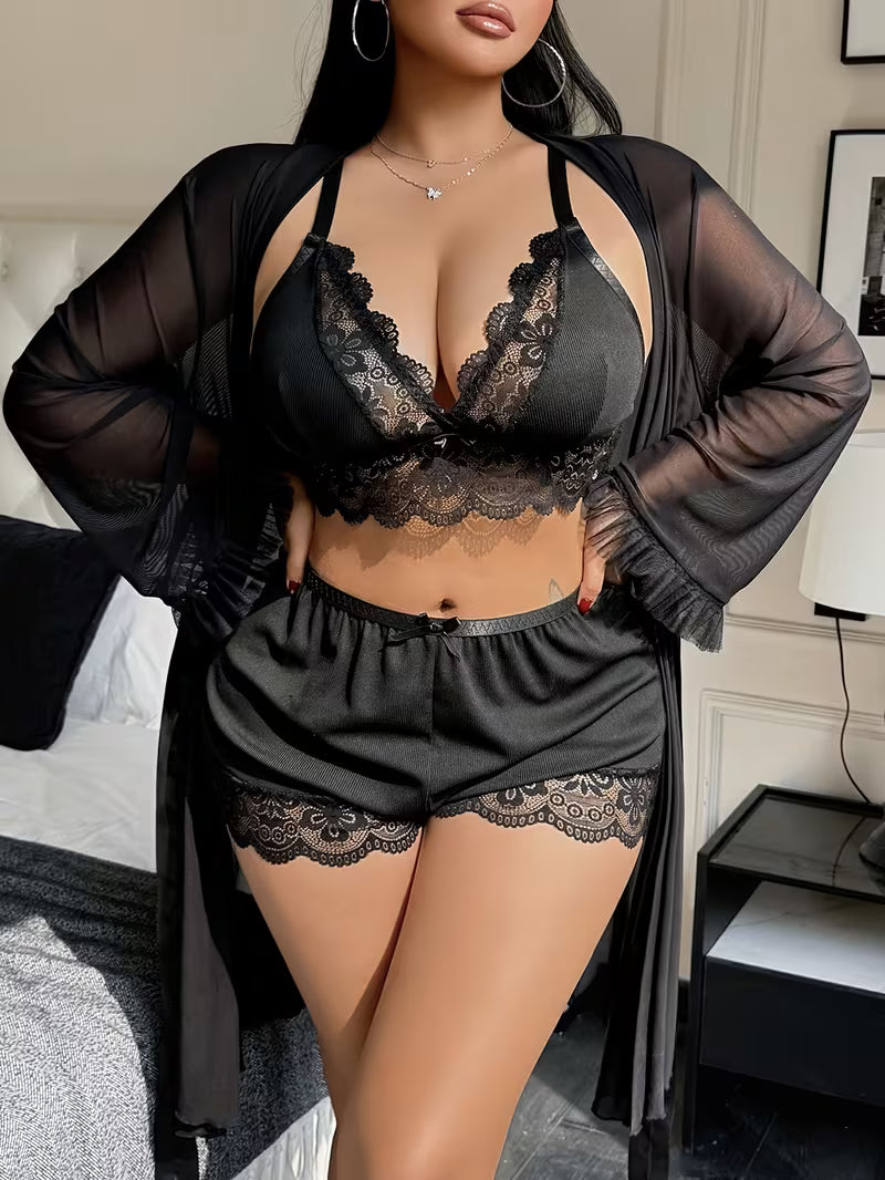 Sexy Lace Camisole Nightgown with Lace Trim, Floral Lace Long-Sleeve Mesh 3pcs Set with Suspender Shorts Black