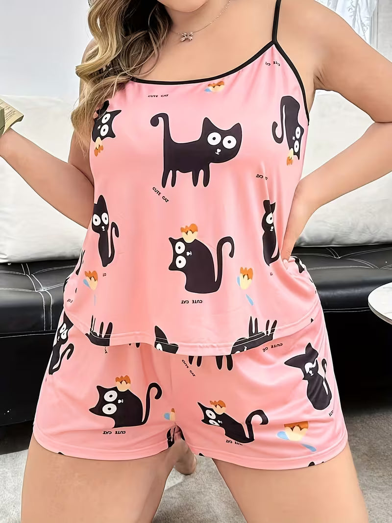 Cartoon Cat Print Camisole Sleepwear Set, Spring/Summer Pink