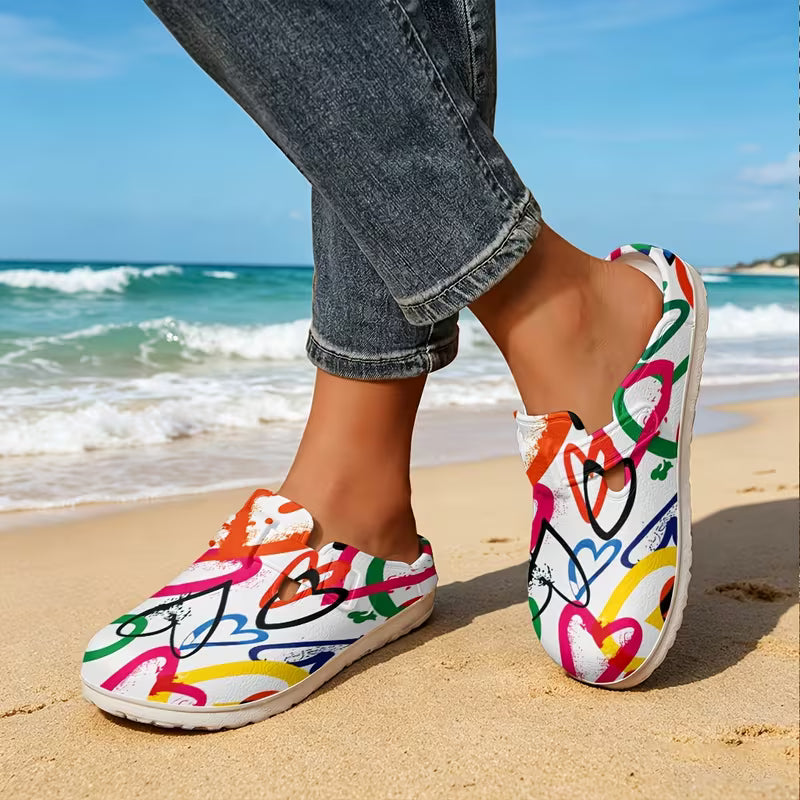 Fresh and Stylish Printed EVA Slip-on Shoes, Summer Rainbow Heart Print Design Slippers